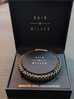 Bain x Miller Stainless Steel Braided Bracelet - Black & Gunmetal, Blue Leather